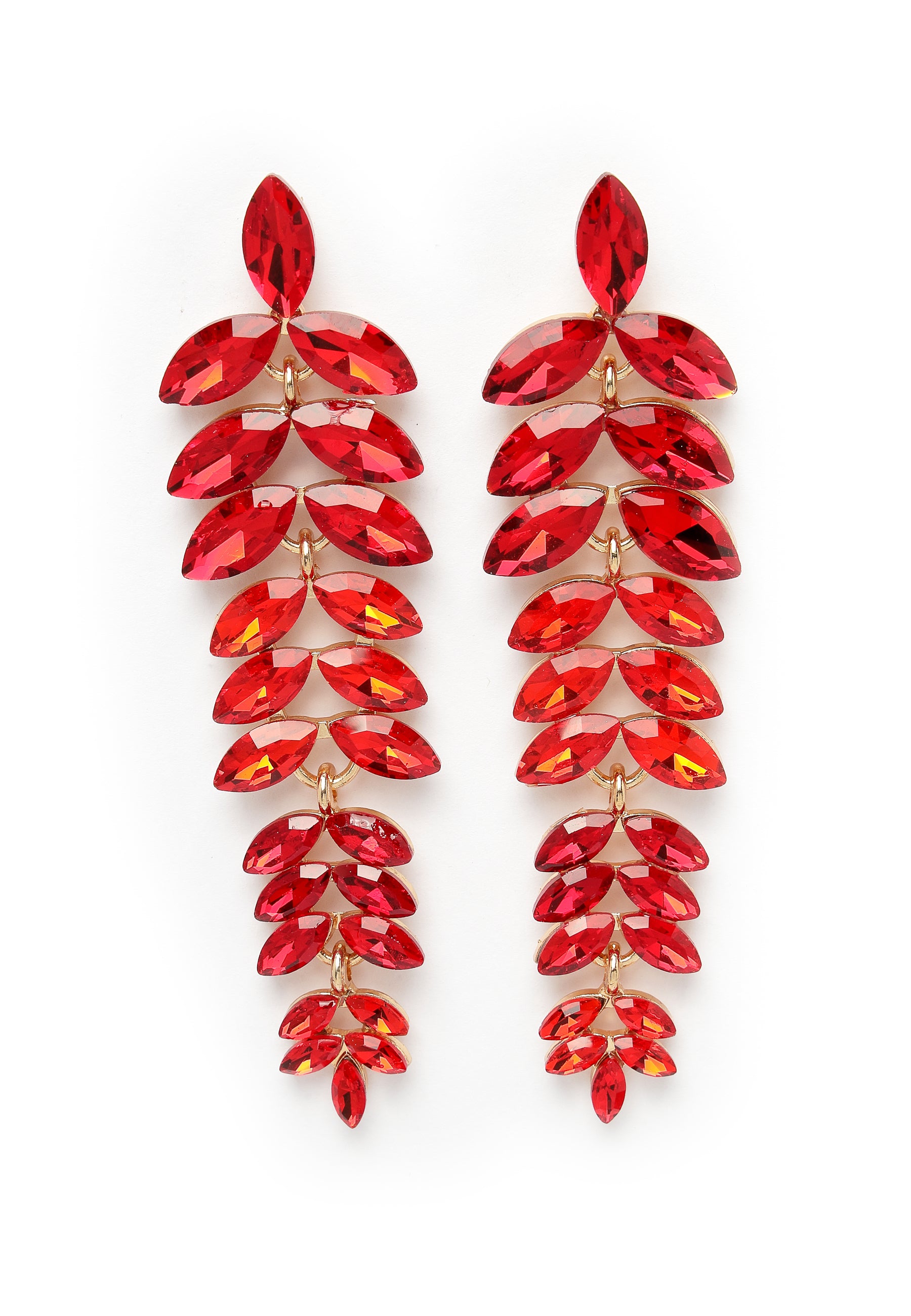 Red Cascading Leaf-Shaped Drop Earrings