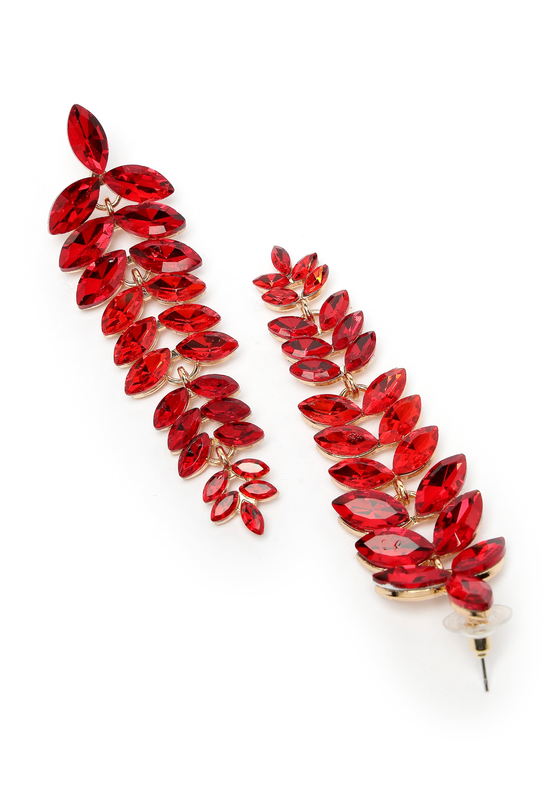 Red Cascading Leaf-Shaped Drop Earrings