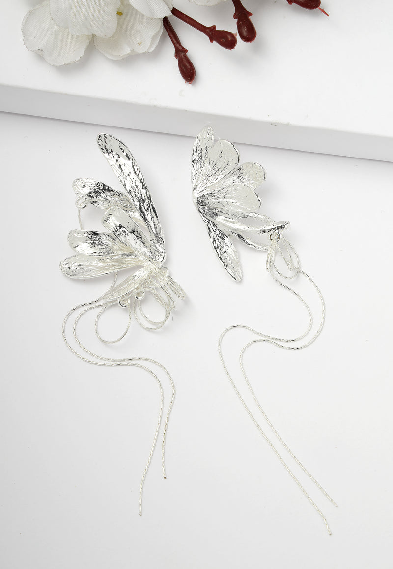 Silver-Coloured Long Butterfly Earrings