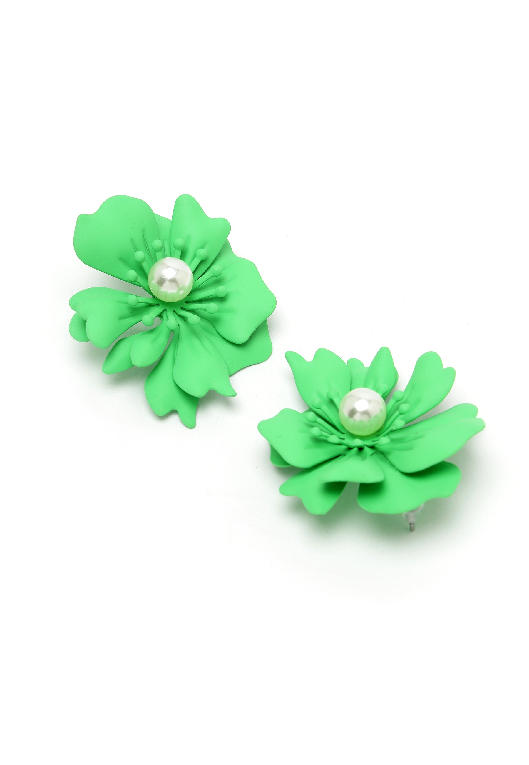 Floral Pearl Stud Earrings In Green