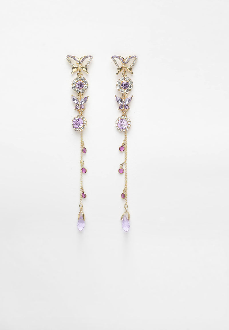 Orecchini pendenti lunghi in cristallo viola con farfalla