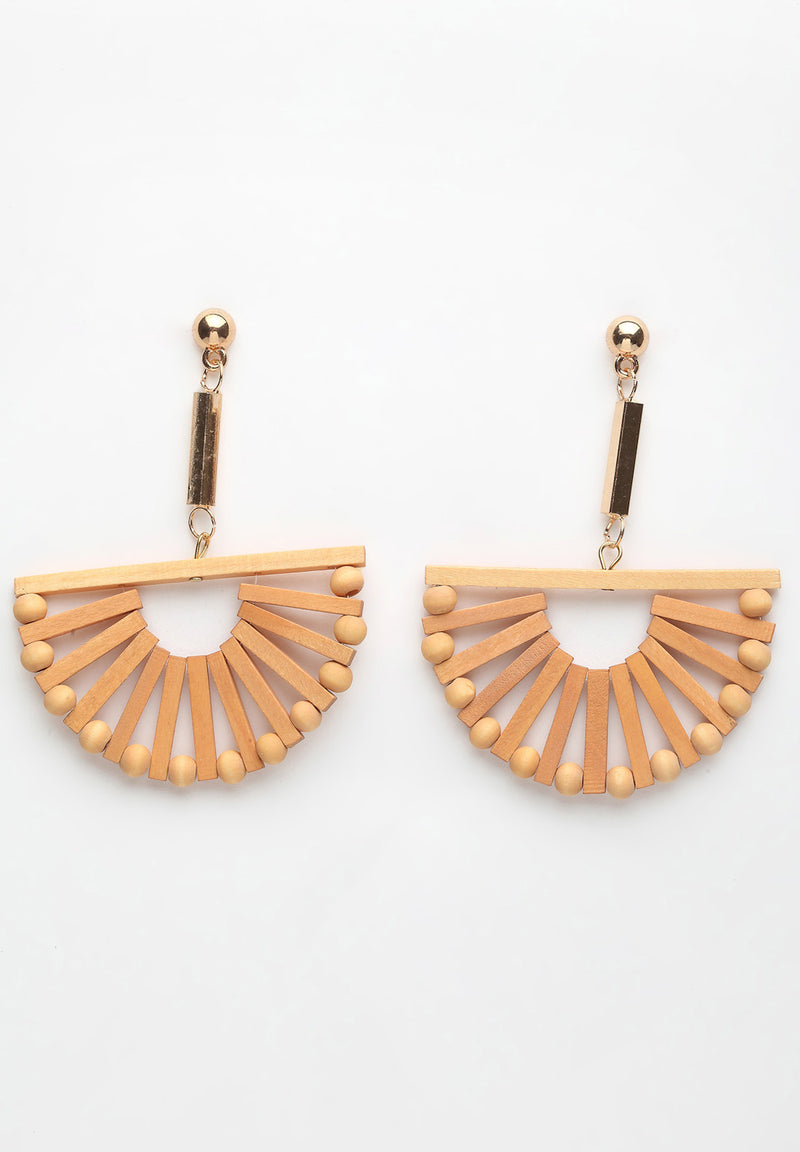 Beige Geometric Wooden Hanging Earrings