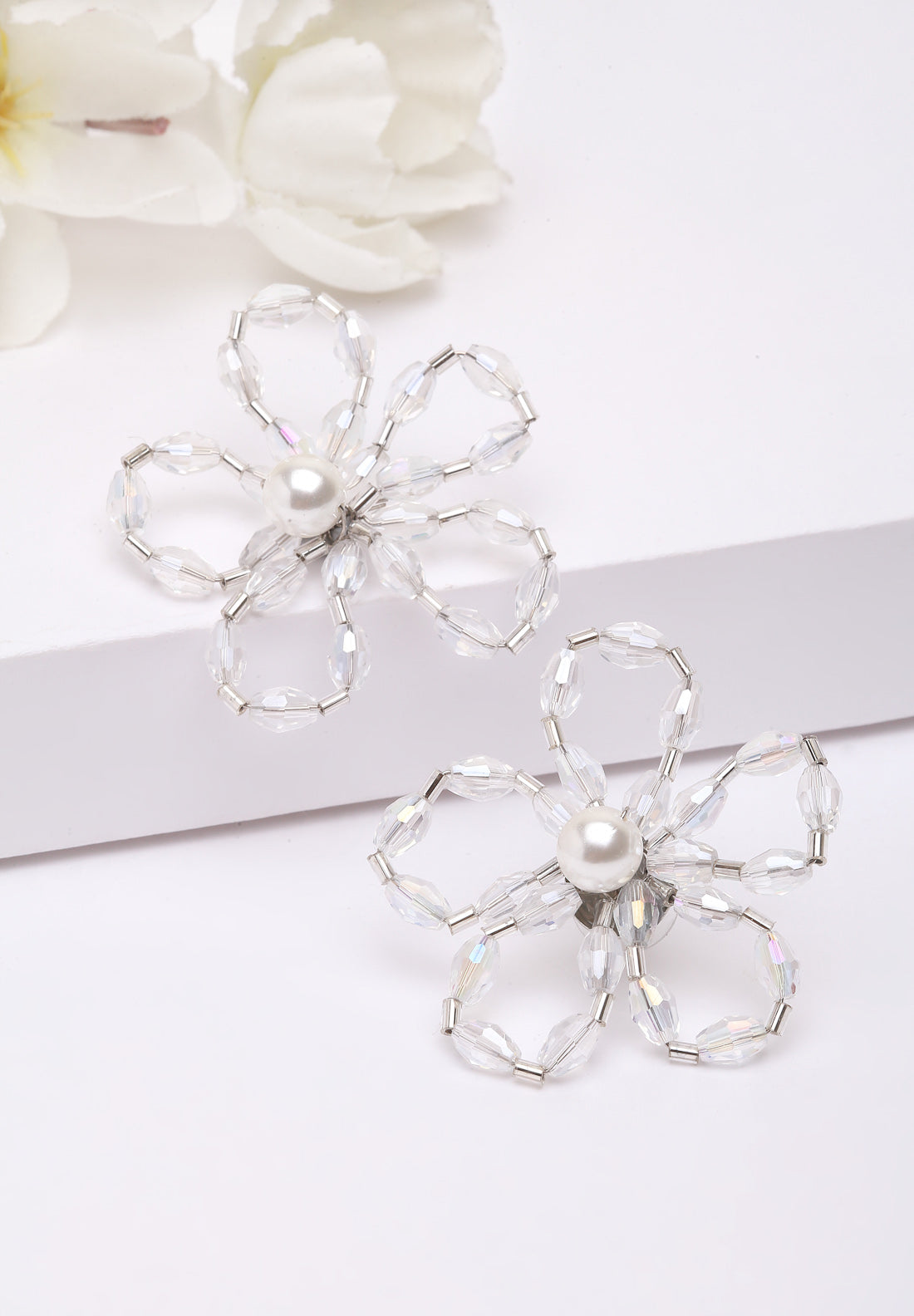 White Floral Crystal Stud Earrings